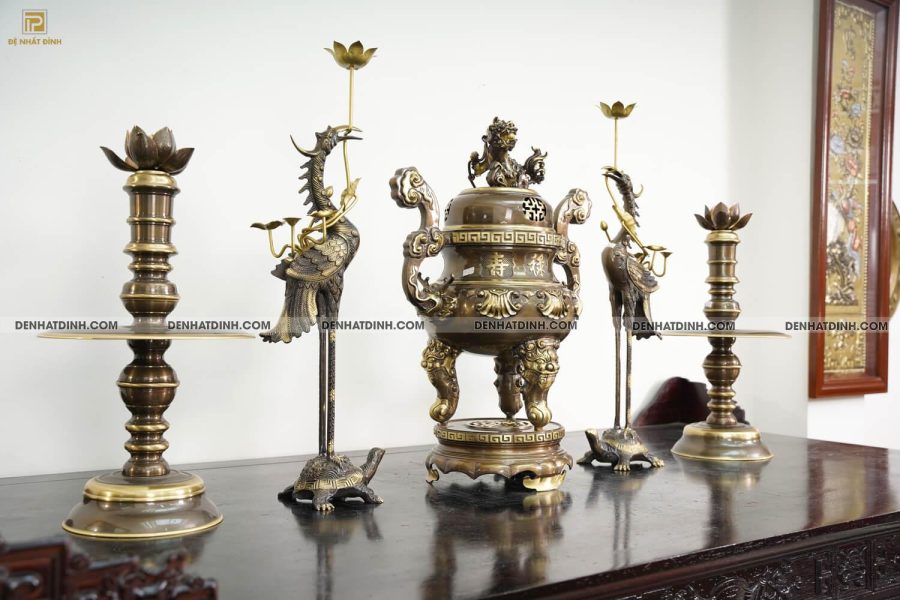 Bộ Đỉnh Đồng Ngũ Sự Họa Tiết Hoa Sòi Màu Công Nghệ - Hình ảnh 5