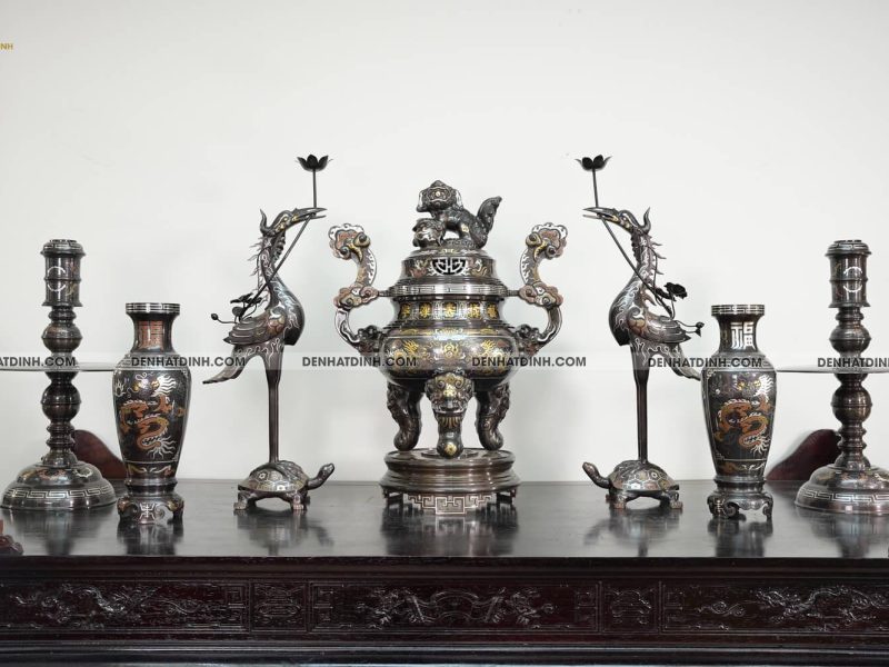 Bộ đỉnh đồng ngũ sự song long bằng đồng đỏ cao 70cm khảm ngũ sắc kèm đôi lọ hoa -  NSSL70NS