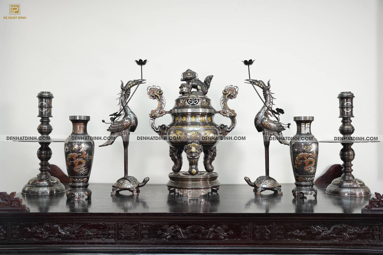 Bộ đỉnh đồng ngũ sự song long bằng đồng đỏ cao 70cm khảm ngũ sắc kèm đôi lọ hoa -  NSSL70NS