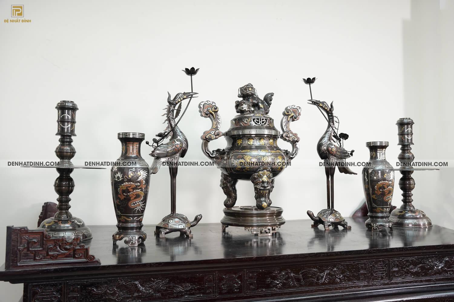 Bộ đỉnh đồng ngũ sự song long bằng đồng đỏ cao 70cm khảm ngũ sắc kèm đôi lọ hoa -  NSSL70NS - Ảnh 4