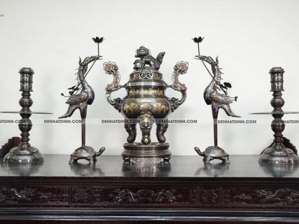 Bộ ngũ sự song long bằng đồng đỏ cao 70cm khảm ngũ sắc - NSSL70NS