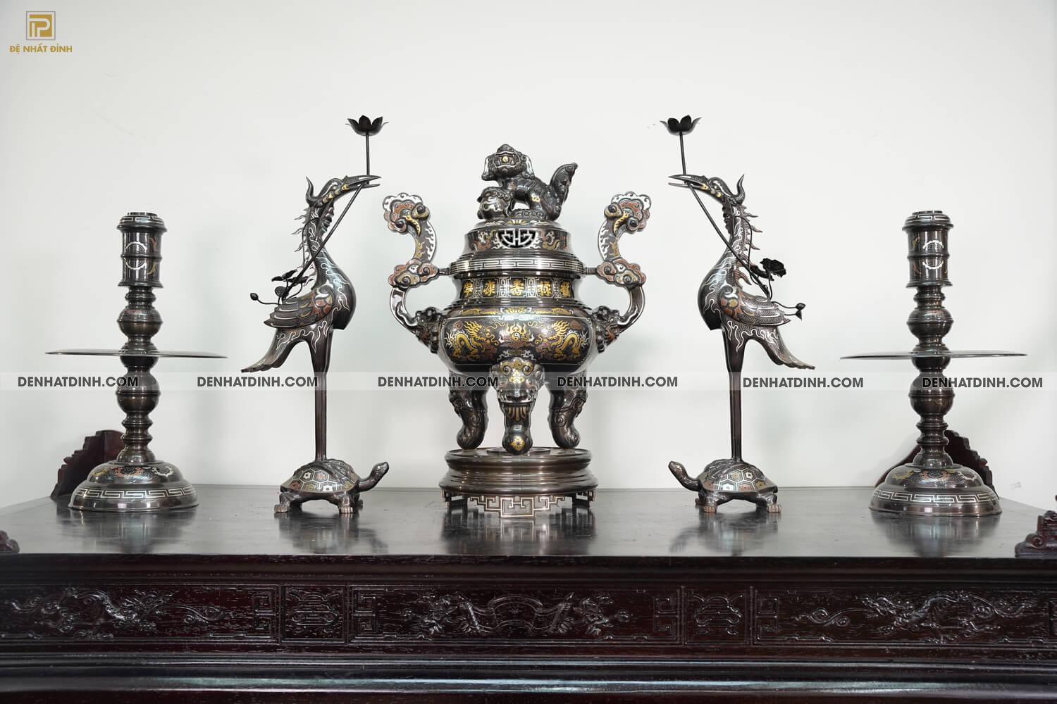 Bộ ngũ sự song long bằng đồng đỏ cao 70cm khảm ngũ sắc - NSSL70NS