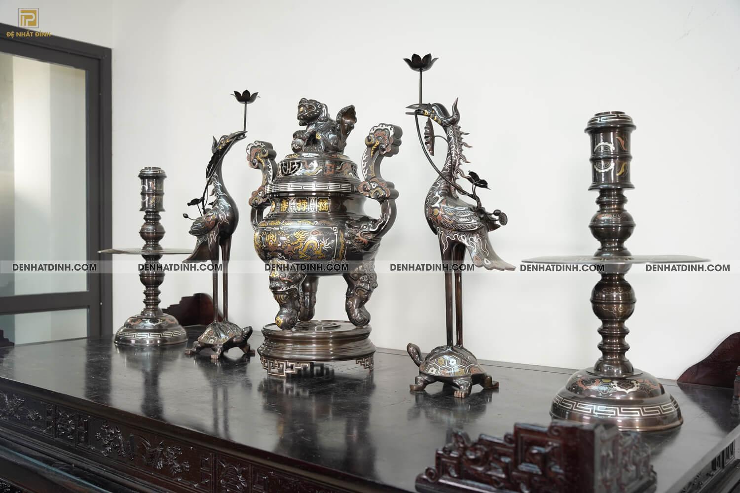 Bộ ngũ sự song long bằng đồng đỏ cao 70cm khảm ngũ sắc - NSSL70NS - Ảnh 3