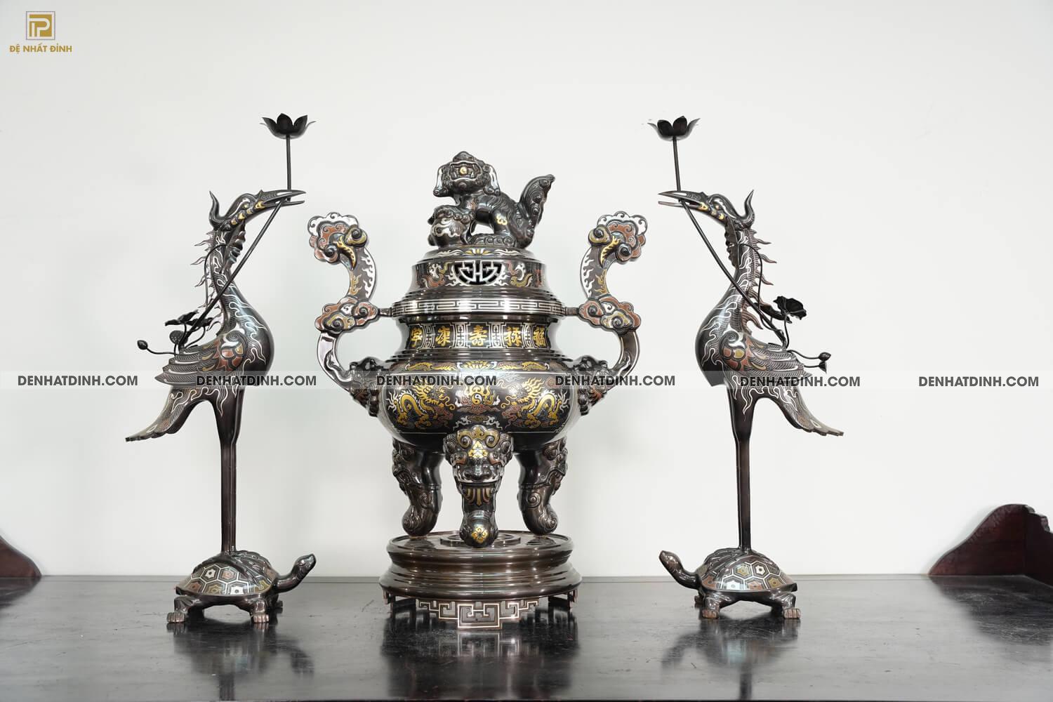 Bộ tam sự hạc khảm Ngũ sắc bằng đồng đỏ cao 70cm