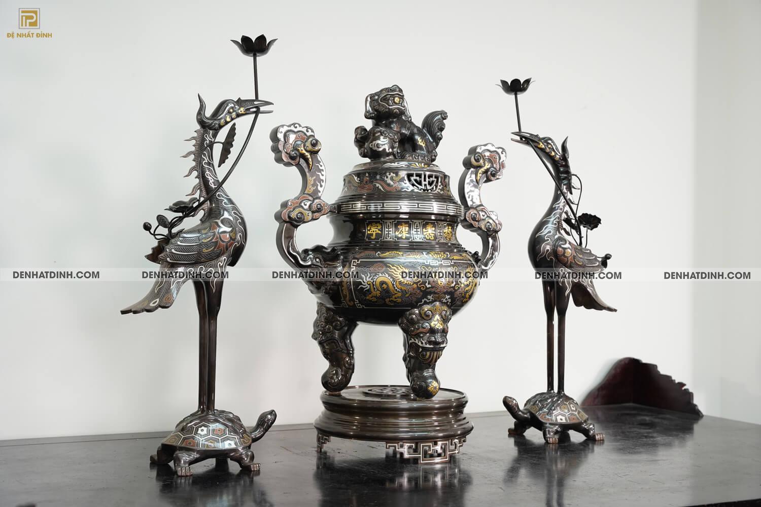 Bộ tam sự hạc khảm Ngũ sắc bằng đồng đỏ cao 70cm - Ảnh 4