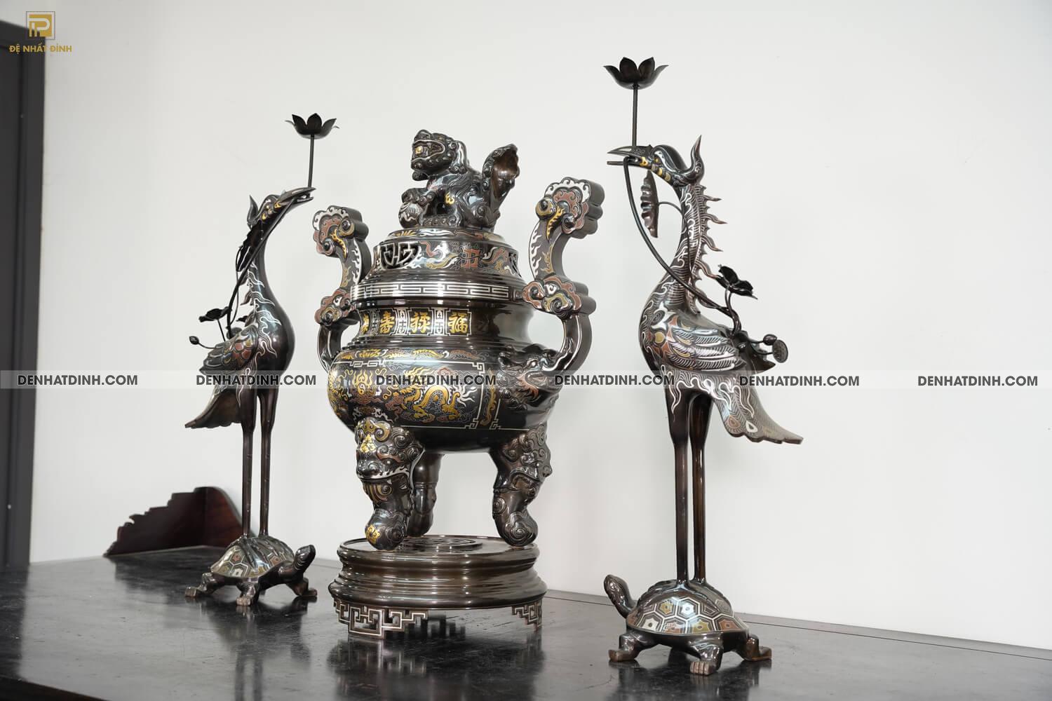 Bộ tam sự hạc khảm Ngũ sắc bằng đồng đỏ cao 70cm - Ảnh 3