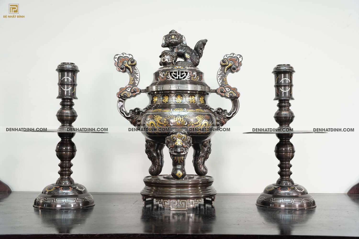 Bộ tam sự nến khảm Ngũ sắc bằng đồng đỏ cao 70cm