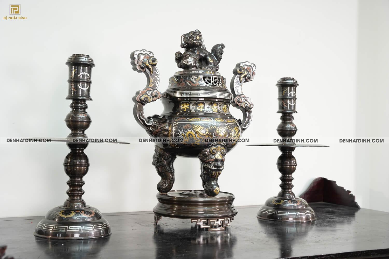 Bộ tam sự nến khảm Ngũ sắc bằng đồng đỏ cao 70cm - Ảnh 2