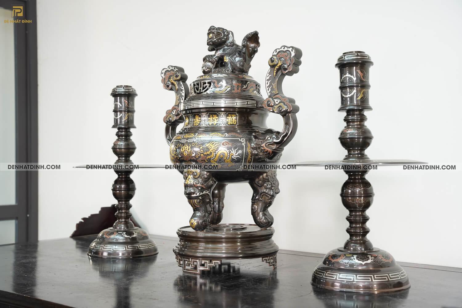 Bộ tam sự nến khảm Ngũ sắc bằng đồng đỏ cao 70cm - Ảnh 4