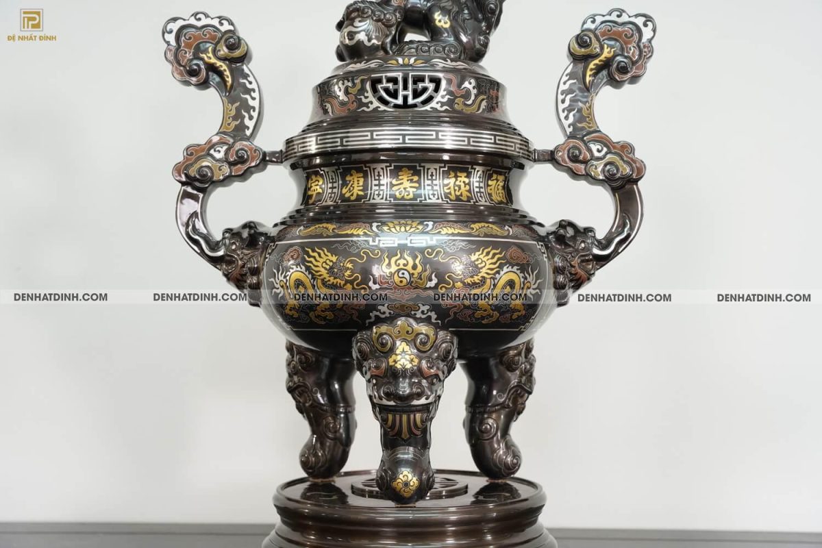 Bộ đỉnh đồng ngũ sự song long bằng đồng đỏ cao 70cm khảm ngũ sắc kèm đôi lọ hoa -  NSSL70NS - Ảnh 10