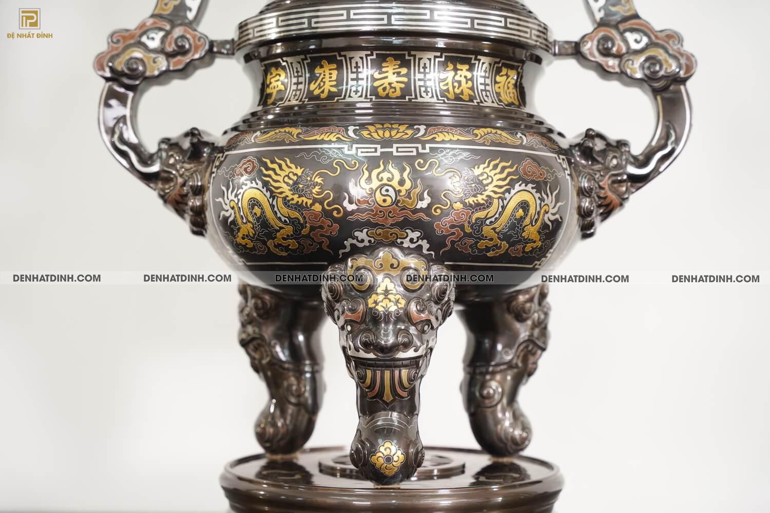 Bộ đỉnh đồng ngũ sự song long bằng đồng đỏ cao 70cm khảm ngũ sắc kèm đôi lọ hoa -  NSSL70NS - Ảnh 6