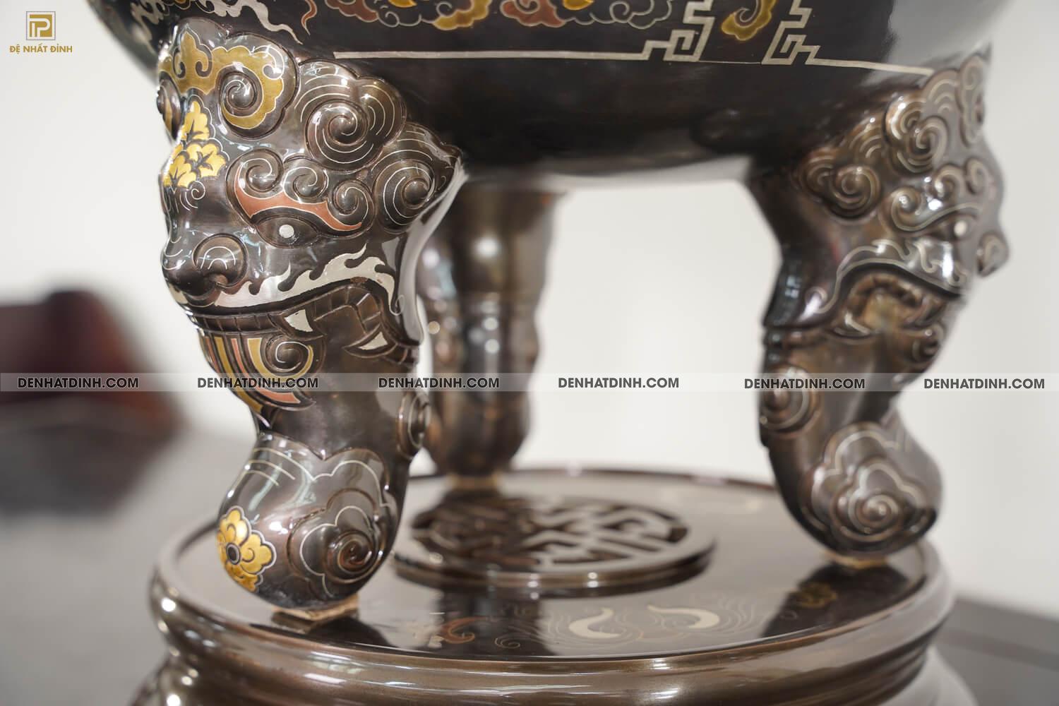 Bộ đỉnh đồng ngũ sự song long bằng đồng đỏ cao 70cm khảm ngũ sắc kèm đôi lọ hoa -  NSSL70NS - Ảnh 12