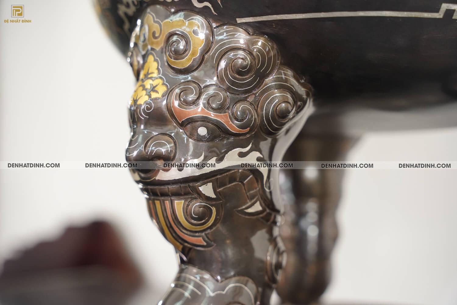 Bộ đỉnh đồng ngũ sự song long bằng đồng đỏ cao 70cm khảm ngũ sắc kèm đôi lọ hoa -  NSSL70NS - Ảnh 11