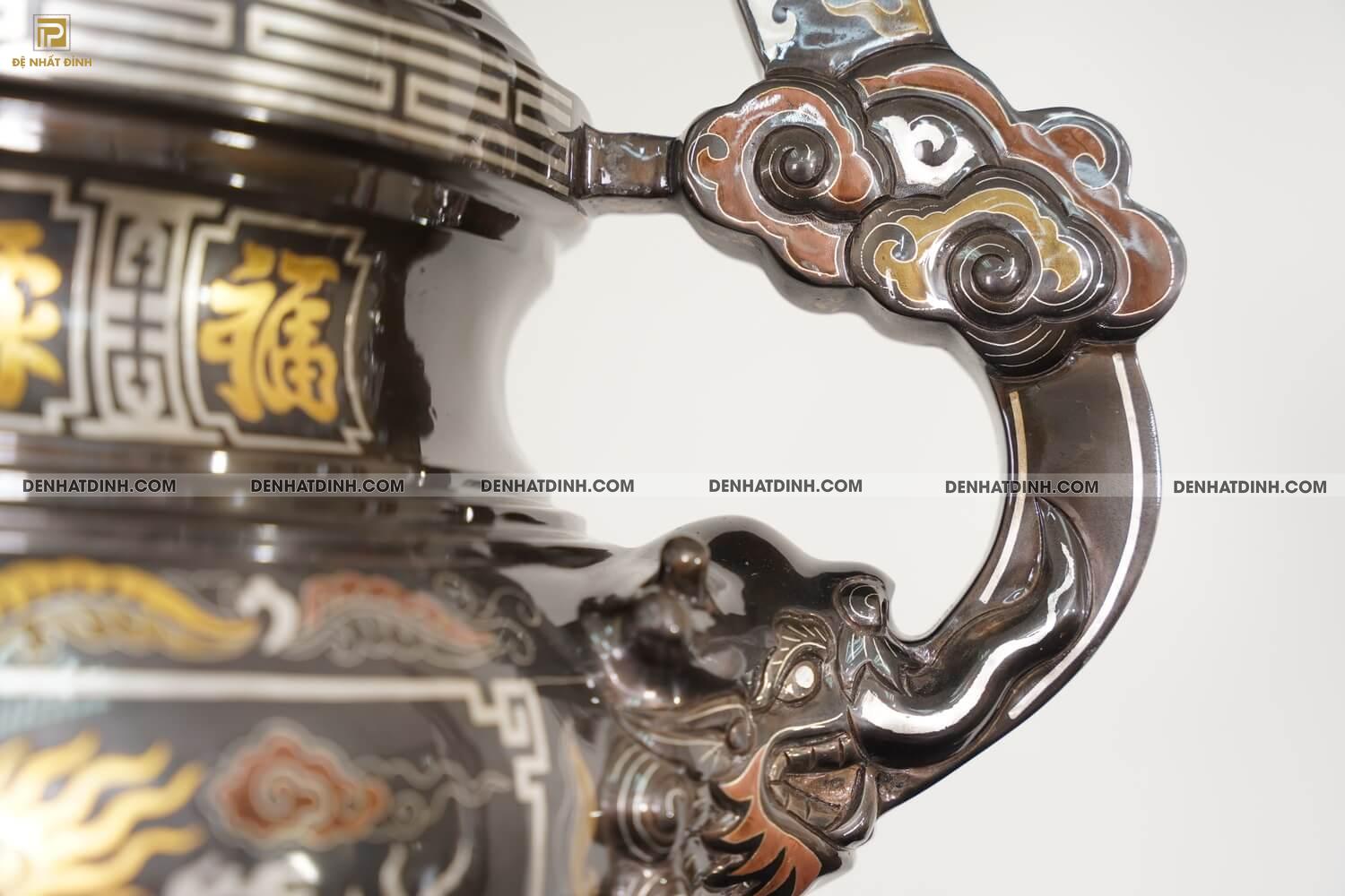 Bộ đỉnh đồng ngũ sự song long bằng đồng đỏ cao 70cm khảm ngũ sắc kèm đôi lọ hoa -  NSSL70NS - Ảnh 9