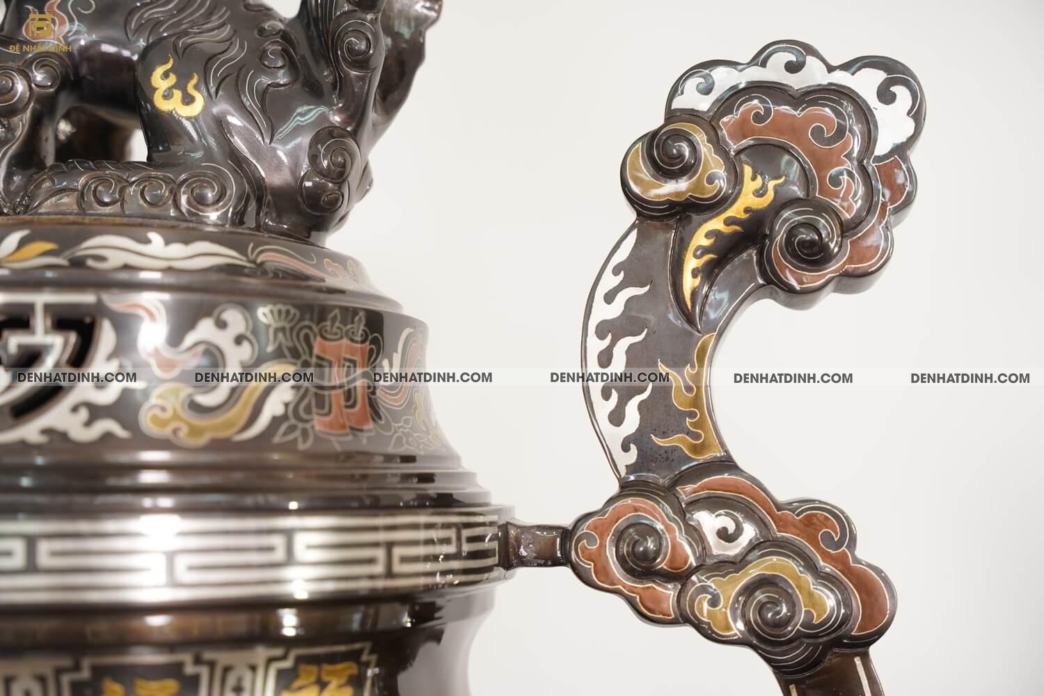 Bộ đỉnh đồng ngũ sự song long bằng đồng đỏ cao 70cm khảm ngũ sắc kèm đôi lọ hoa -  NSSL70NS - Ảnh 8