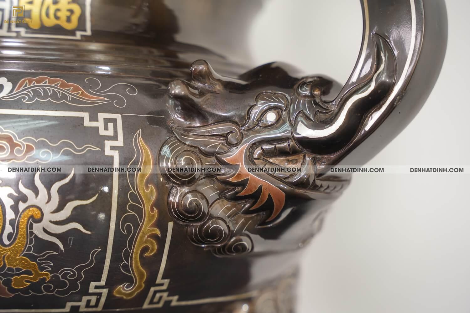 Bộ đỉnh đồng ngũ sự song long bằng đồng đỏ cao 70cm khảm ngũ sắc kèm đôi lọ hoa -  NSSL70NS - Ảnh 7