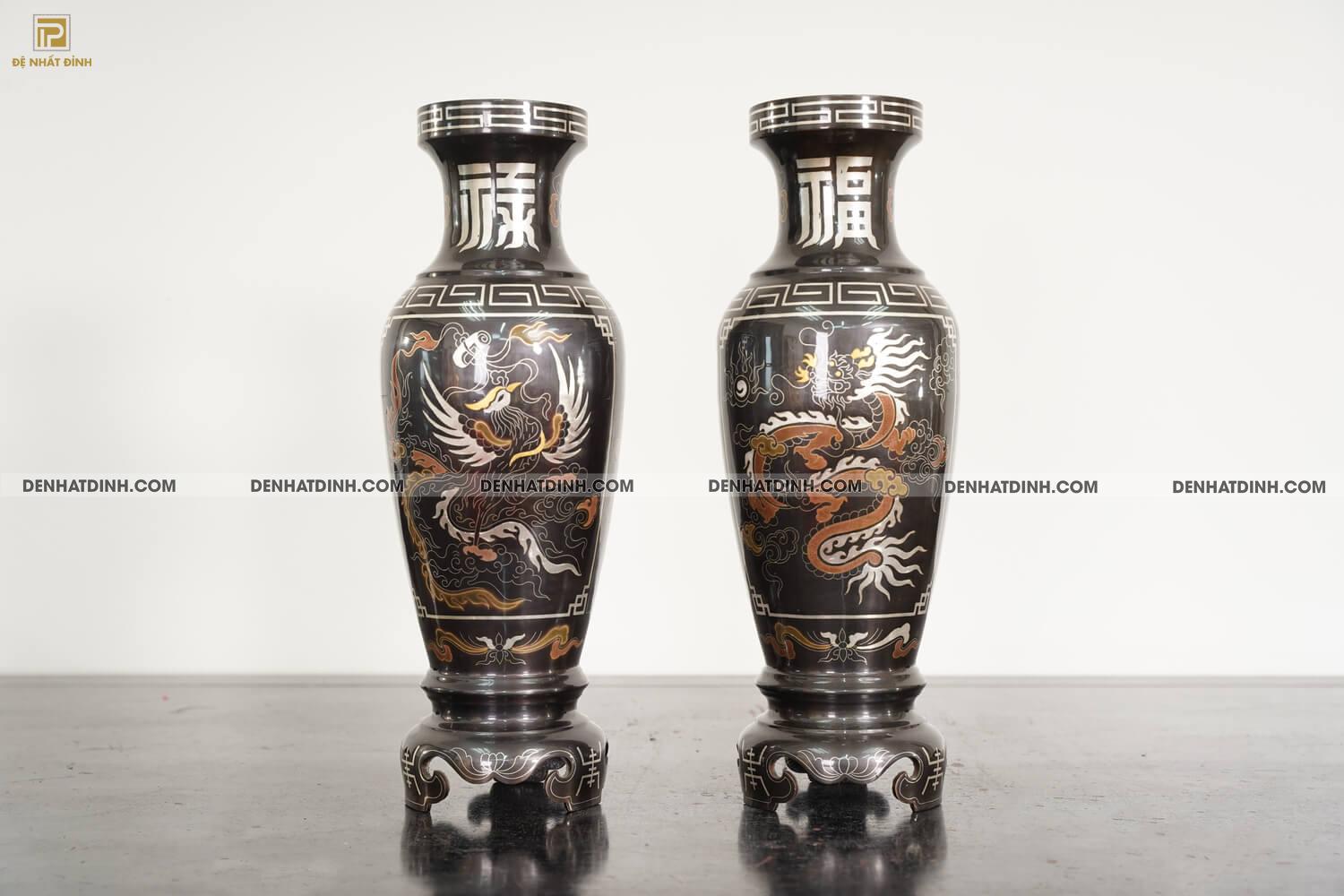 Bộ đỉnh đồng ngũ sự song long bằng đồng đỏ cao 70cm khảm ngũ sắc kèm đôi lọ hoa -  NSSL70NS - Ảnh 29