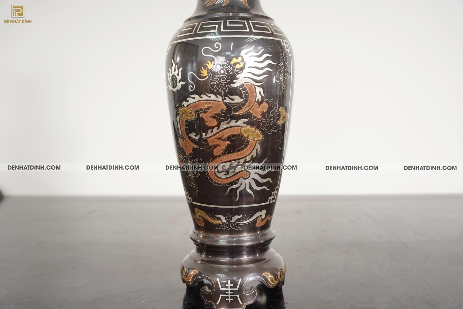 Bộ đỉnh đồng ngũ sự song long bằng đồng đỏ cao 70cm khảm ngũ sắc kèm đôi lọ hoa -  NSSL70NS - Ảnh 28