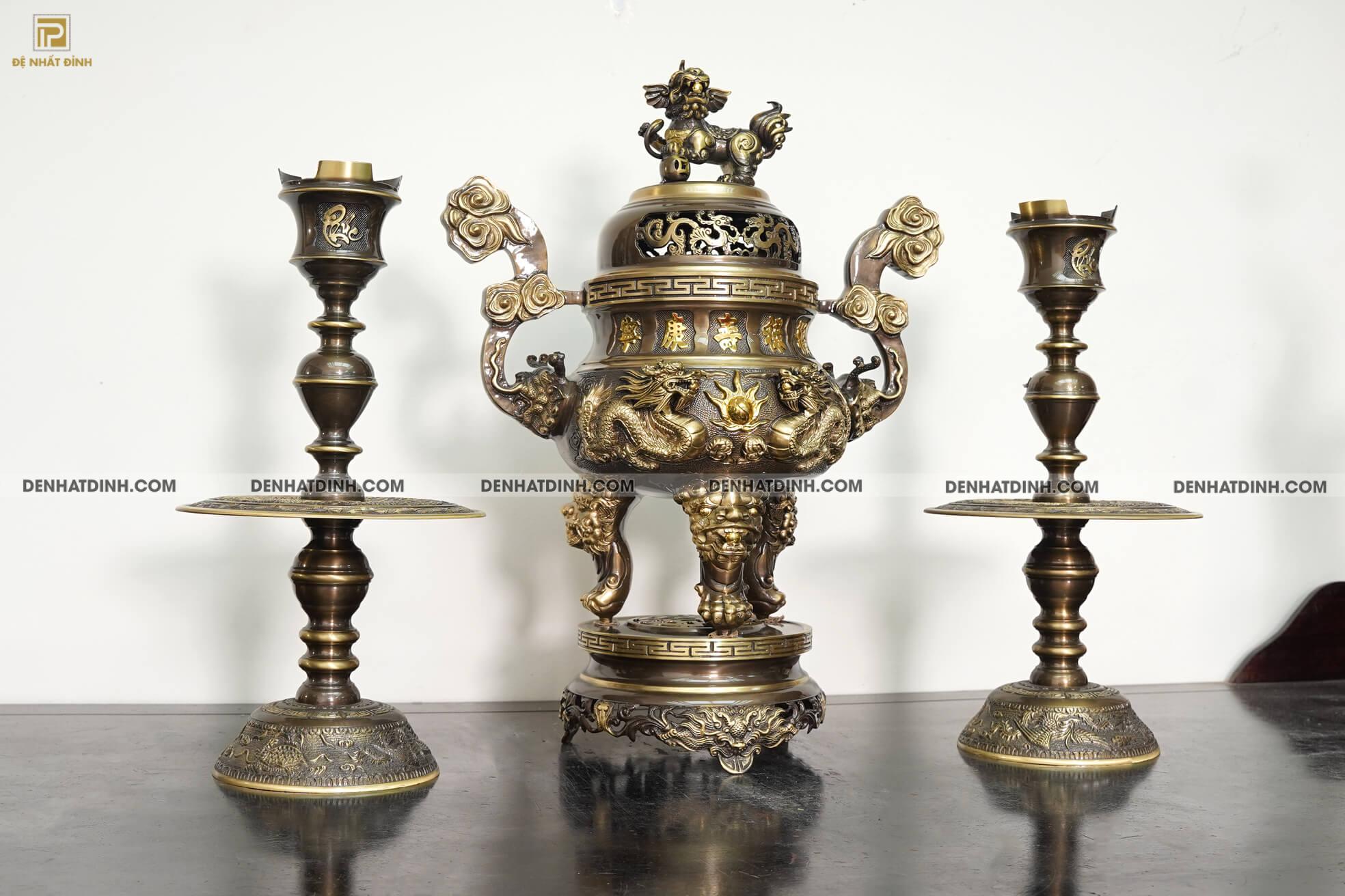 Bộ tam sự Song Long bằng đồng cattut đỉnh cao 66, 5 chữ và đôi chân nến chữ Phúc - ND47CN - Ảnh 10