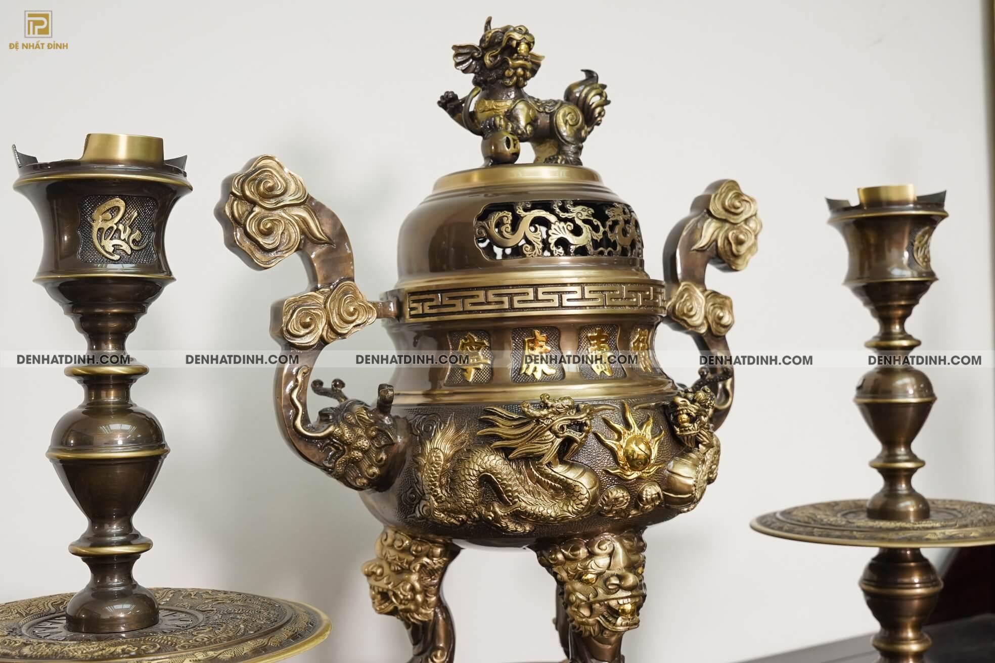 Bộ tam sự Song Long bằng đồng cattut đỉnh cao 66, 5 chữ và đôi chân nến chữ Phúc - ND47CN - Ảnh 9