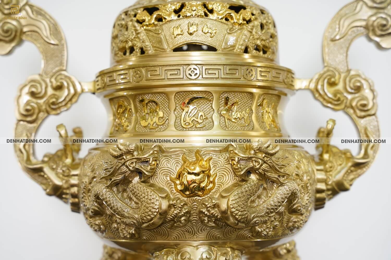 Bộ đỉnh đồng cattut đỉnh cao 66 (5 chữ Việt ), nắp đỉnh chế tác bộ cuốn thư chữ Đức Lưu Quang màu vàng mộc - Ảnh 5