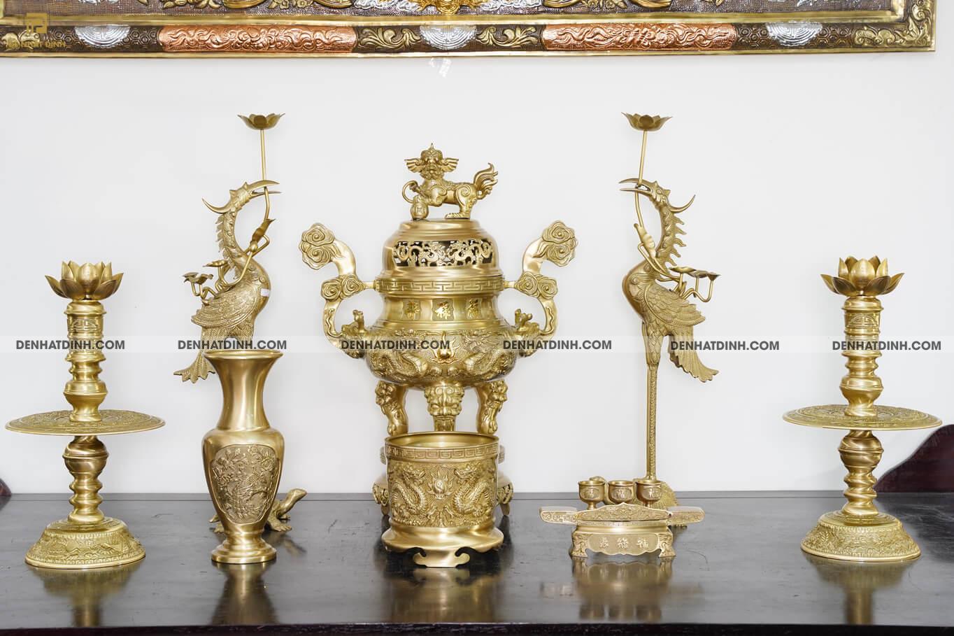 Bộ ngũ sự song long cao 65cm hoa văn màu vàng ánh xanh kèm 3 phụ kiện - Ảnh 5