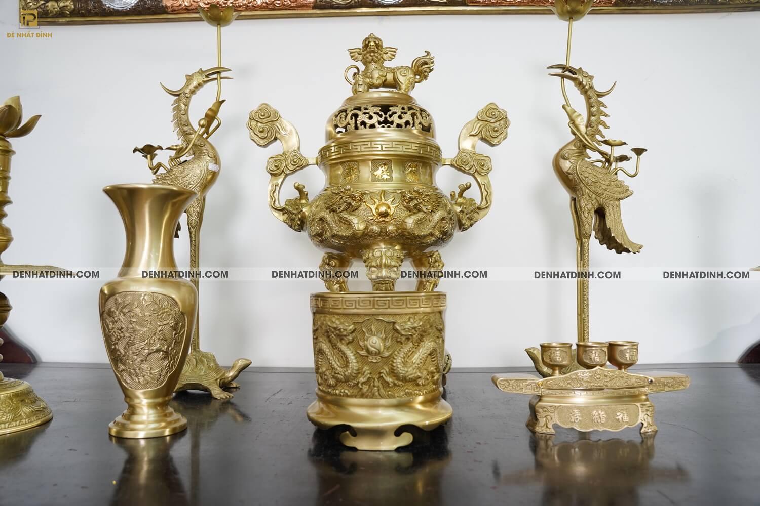 Bộ ngũ sự song long cao 65cm hoa văn màu vàng ánh xanh kèm 3 phụ kiện - Ảnh 4