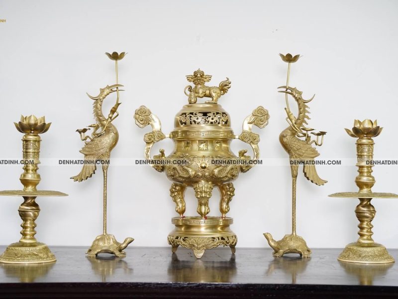 Bộ ngũ sự song long cao 65cm hoa văn màu vàng ánh xanh