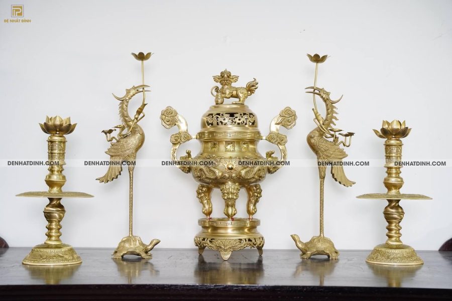 Bộ ngũ sự song long cao 65cm hoa văn màu vàng ánh xanh