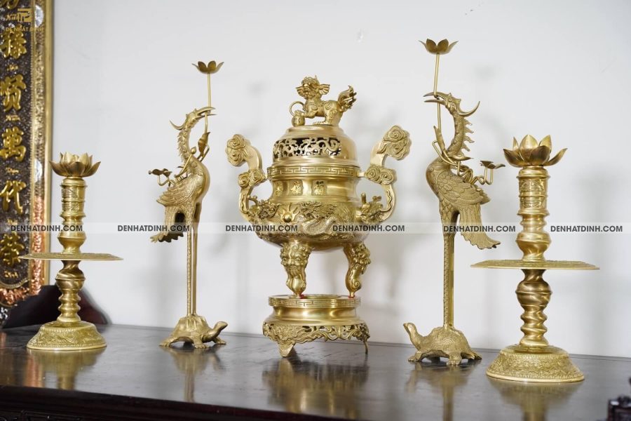 Bộ ngũ sự song long cao 65cm hoa văn màu vàng ánh xanh - Hình ảnh 4