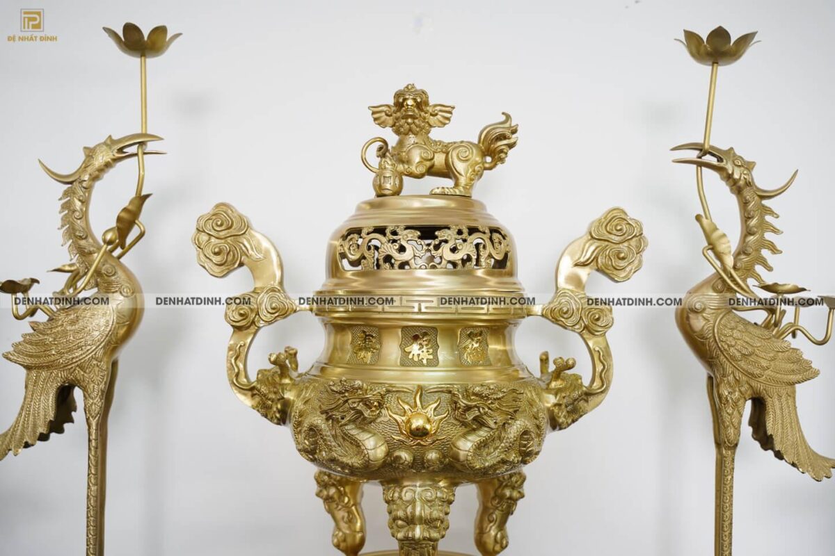 Bộ ngũ sự song long cao 65cm hoa văn màu vàng ánh xanh - Ảnh 3