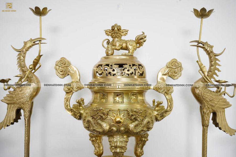 Bộ ngũ sự song long cao 65cm hoa văn màu vàng ánh xanh - Hình ảnh 3
