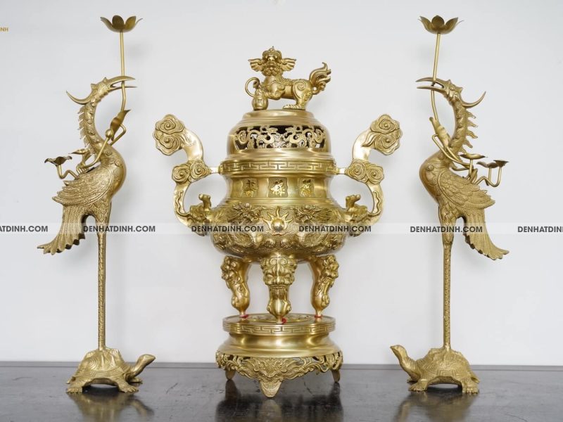Bộ tam sự hạc song long cao 64cm màu vàng ánh xanh