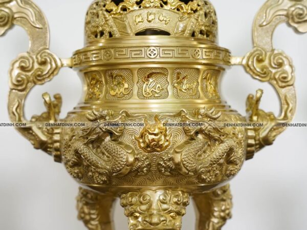 Đỉnh đồng bộ ngũ sự song long 65 cuốn thư hoa văn mộc 5 chữ