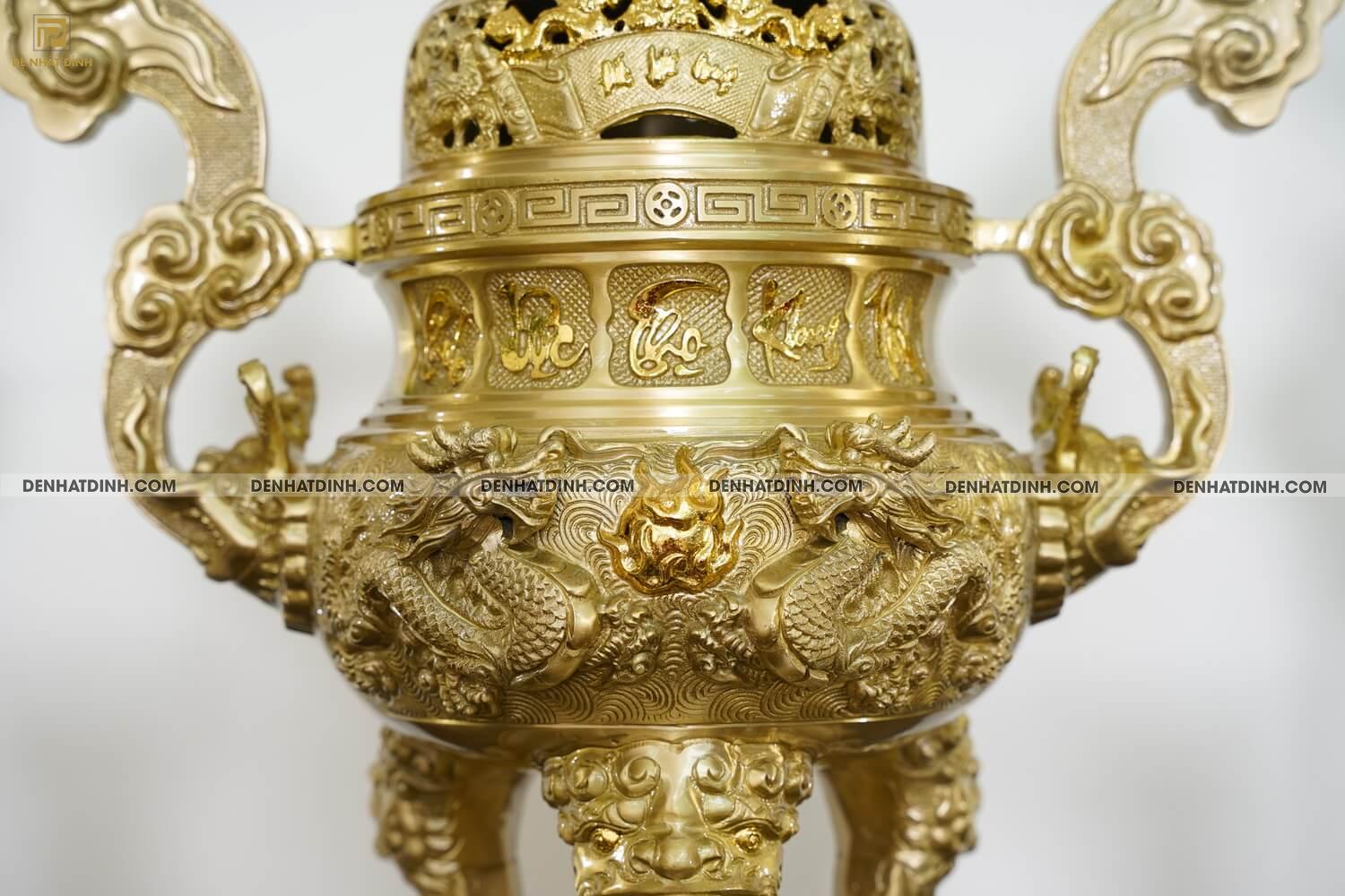 Đỉnh đồng bộ ngũ sự song long 65 cuốn thư hoa văn mộc 5 chữ