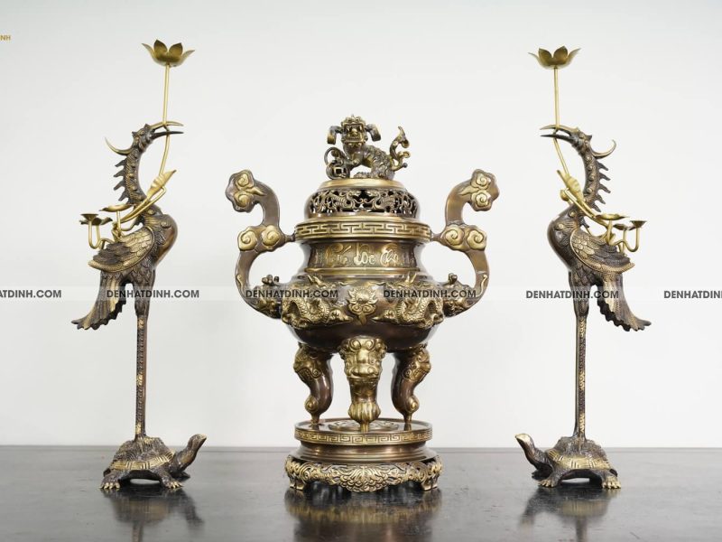Bộ tam sự hạc song long cao 65cm màu hun giả cổ 3 chữ Việt