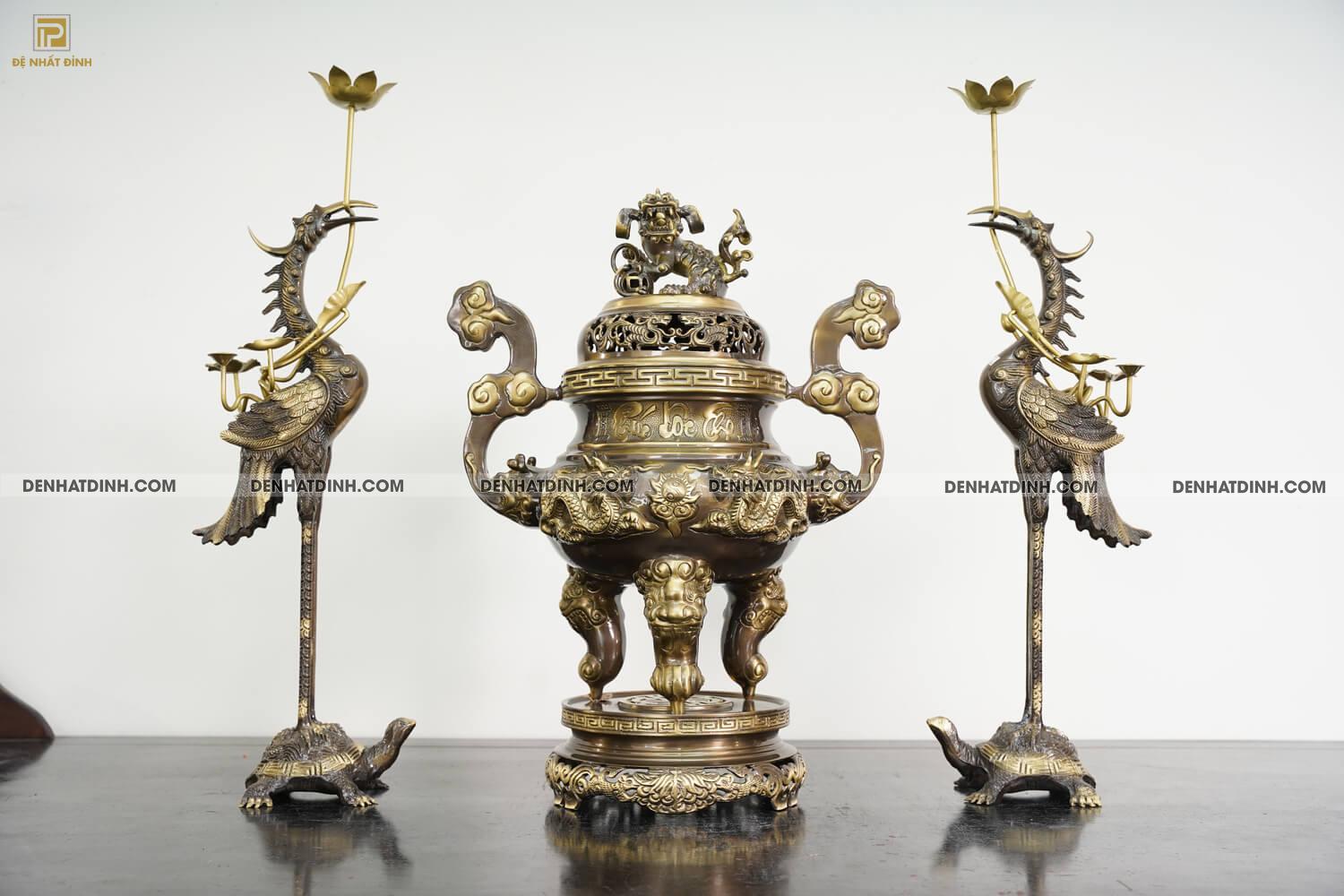 Bộ tam sự hạc song long cao 65cm màu hun giả cổ 3 chữ Việt