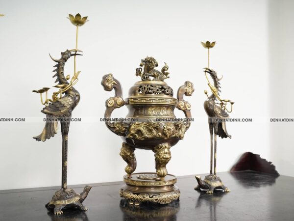 Alternative view of Bộ tam sự hạc song long cao 65cm màu hun giả cổ 3 chữ Việt