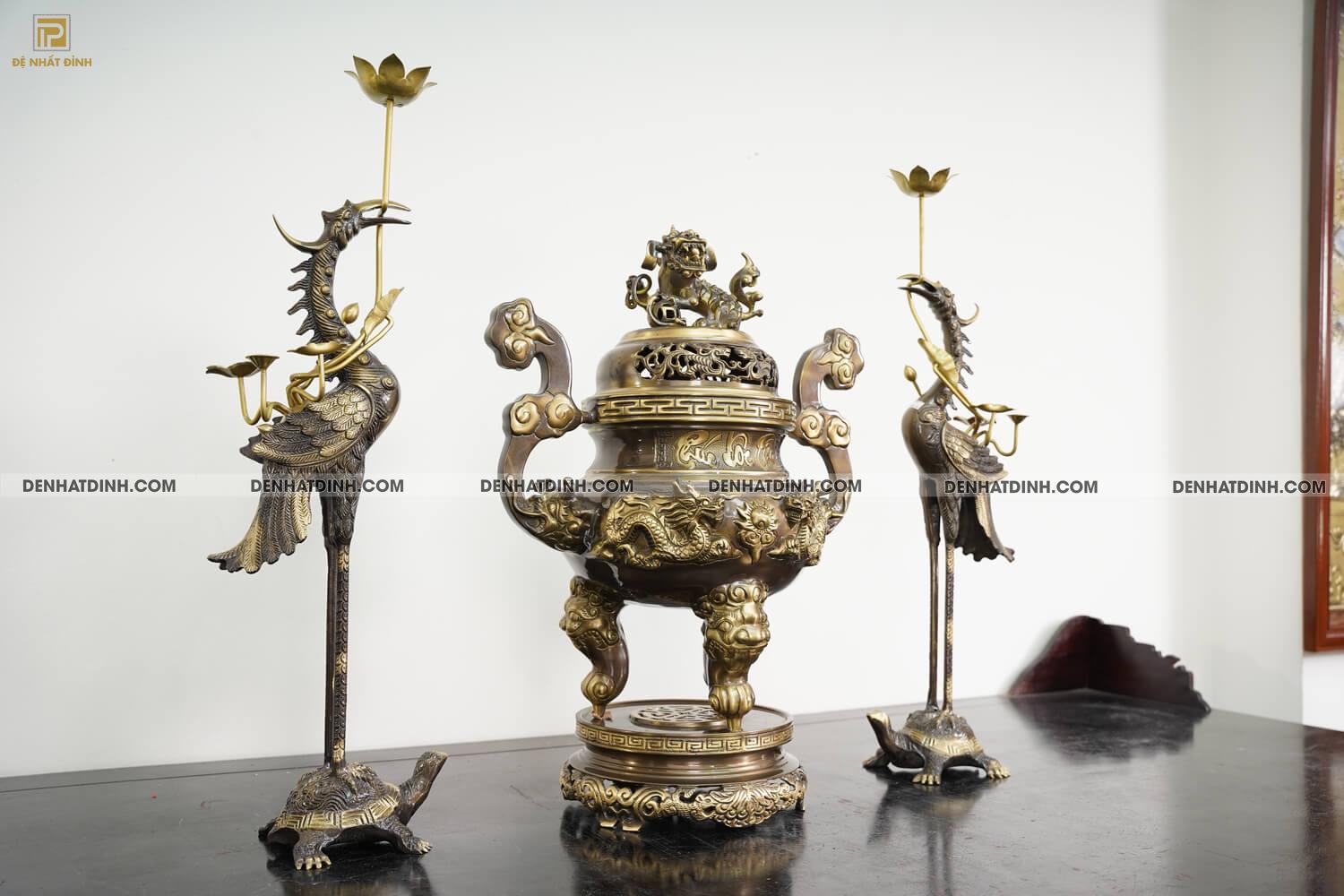 Bộ tam sự hạc song long cao 65cm màu hun giả cổ 3 chữ Việt - Ảnh 2