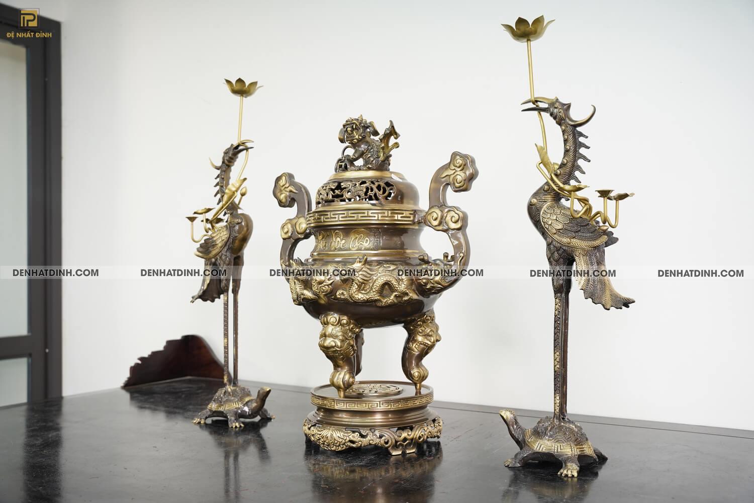 Bộ tam sự hạc song long cao 65cm màu hun giả cổ 3 chữ Việt - Ảnh 4