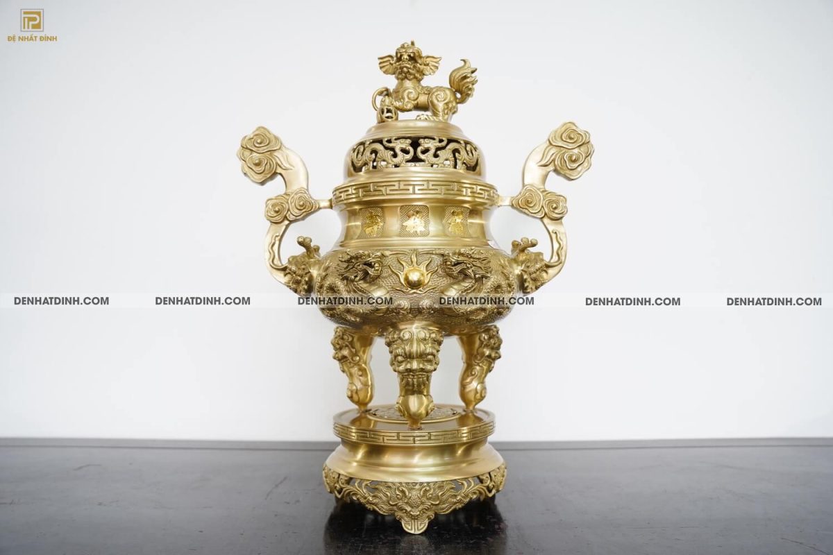 Bộ đỉnh đồng cattut đỉnh Song long cao 57cm màu vàng mộc