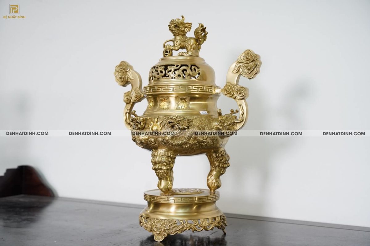 Bộ đỉnh đồng cattut đỉnh Song long cao 57cm màu vàng mộc - Ảnh 3