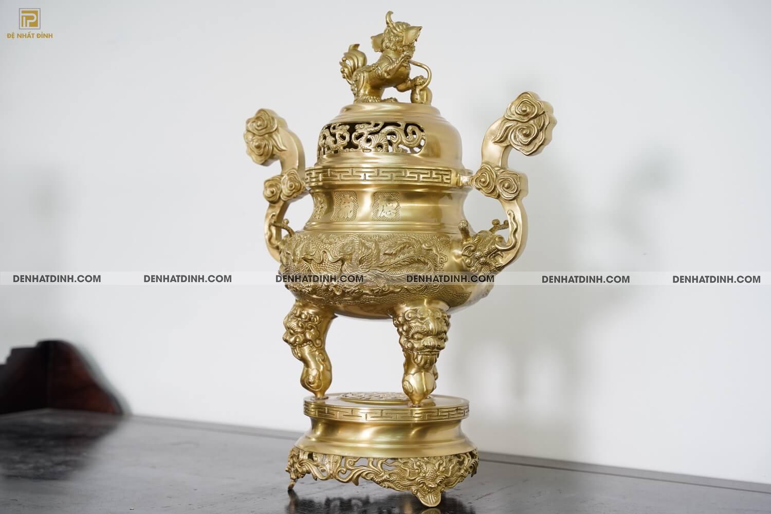 Bộ đỉnh đồng cattut đỉnh Song long cao 57cm màu vàng mộc - Ảnh 11