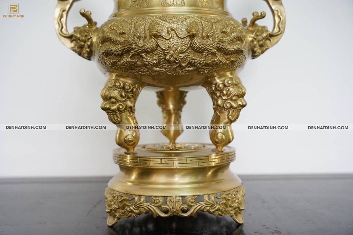 Bộ đỉnh đồng cattut đỉnh Song long cao 57cm màu vàng mộc - Ảnh 10