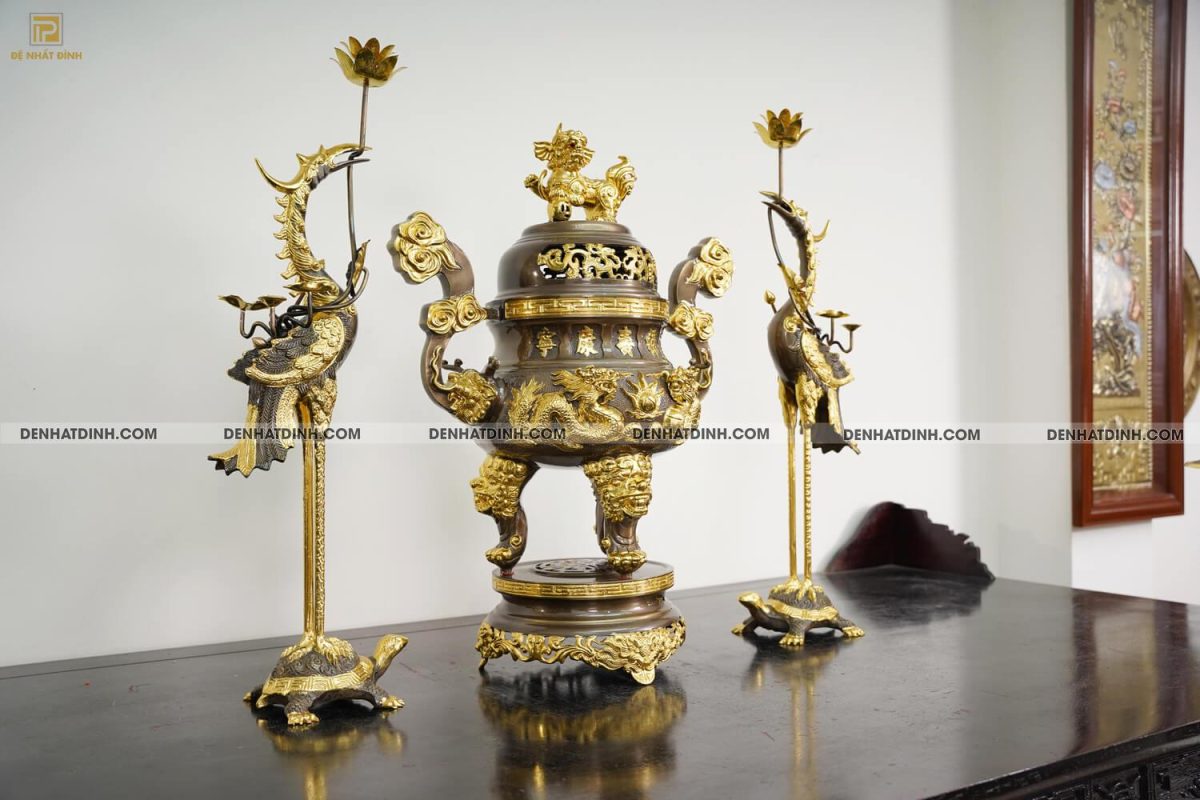 Bộ đỉnh đồng cattut tam sự Hạc song long đỉnh cao 65cm ( 5 chữ ) dát vàng điểm - Ảnh 4