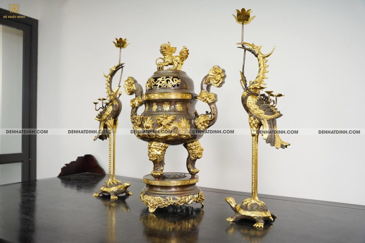 Bộ đỉnh đồng cattut tam sự Hạc song long đỉnh cao 65cm ( 5 chữ ) dát vàng điểm - Ảnh 3