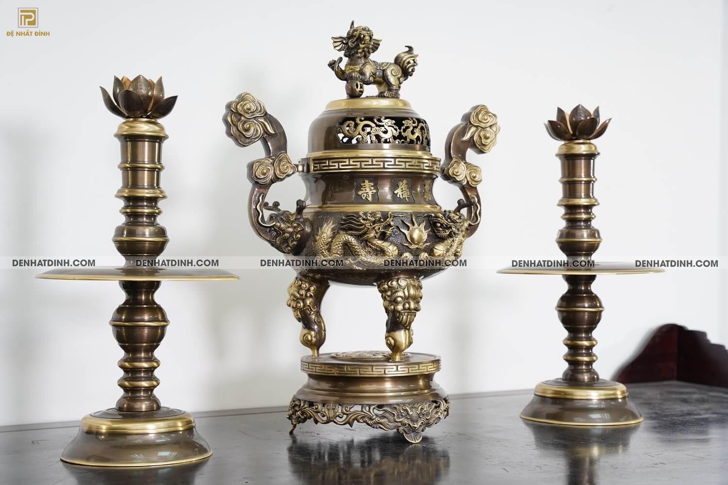 Bộ tam sự nến song long cao 65cm màu hun giả cổ - Ảnh 2