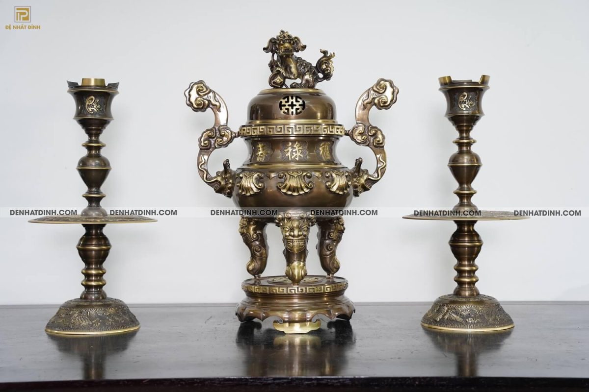 Bộ tam sự nến chữ Phúc hoa sòi 65 màu hun cổ