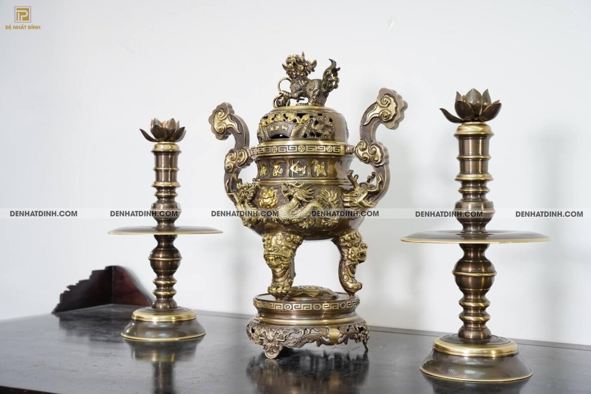 Bộ tam sự nến song long 65 nắp cuốn thư 5 chữ màu hun giả cổ - Ảnh 2
