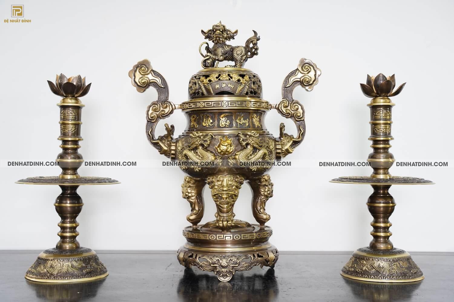 Bộ tam sự nến song long 65 CN cuốn thư 5 chữ nến hoa văn